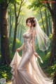 A woman in a wedding dress standing in the woods.